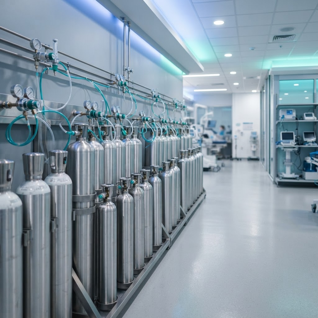 Medical oxygen cylinders and regulators in a clinical respiratory care facility