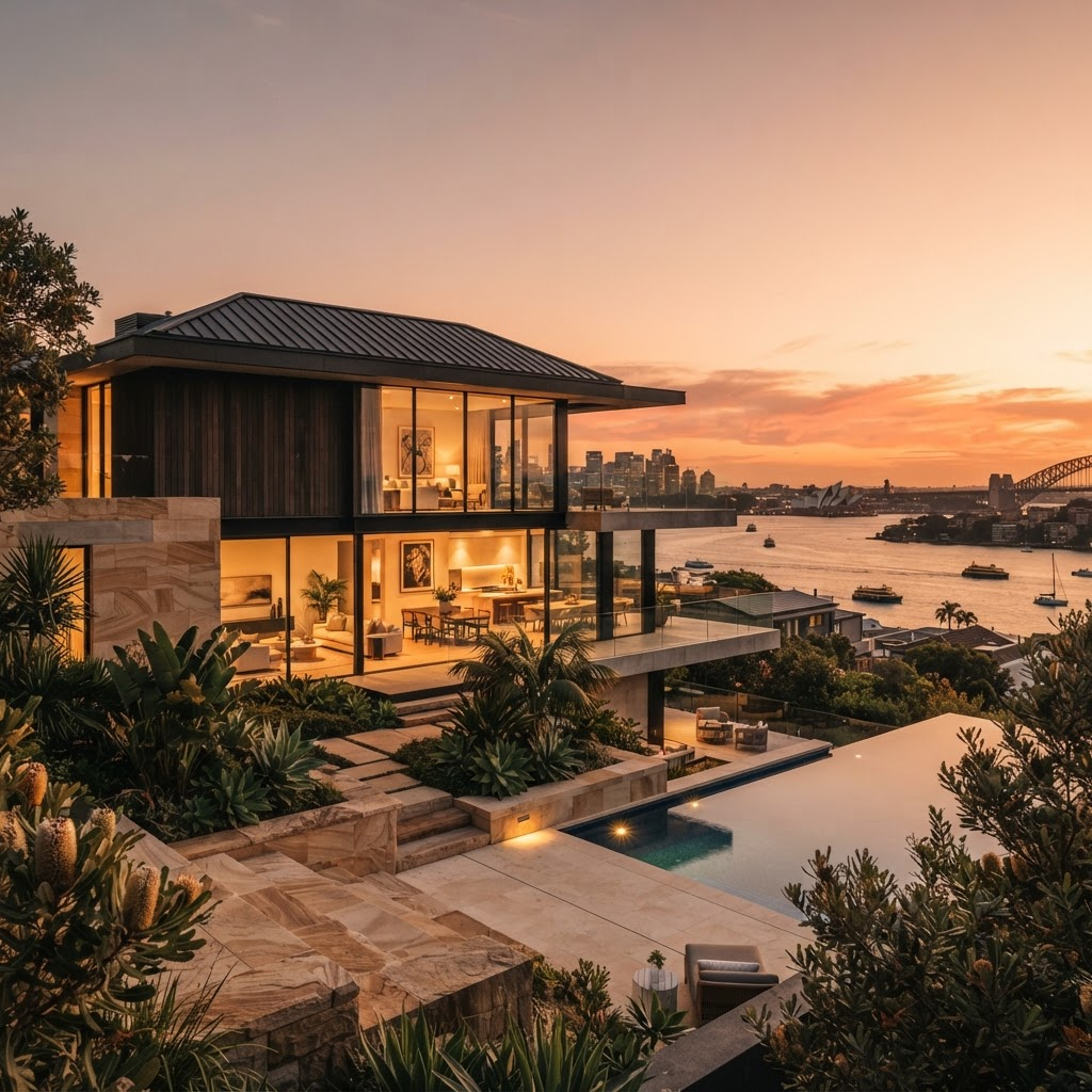 Premium Sydney coastal home at golden hour with large glass windows