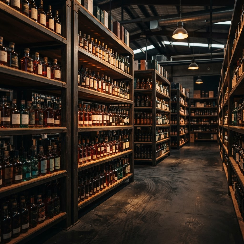 Premium spirits bottles on shelving in a distribution warehouse