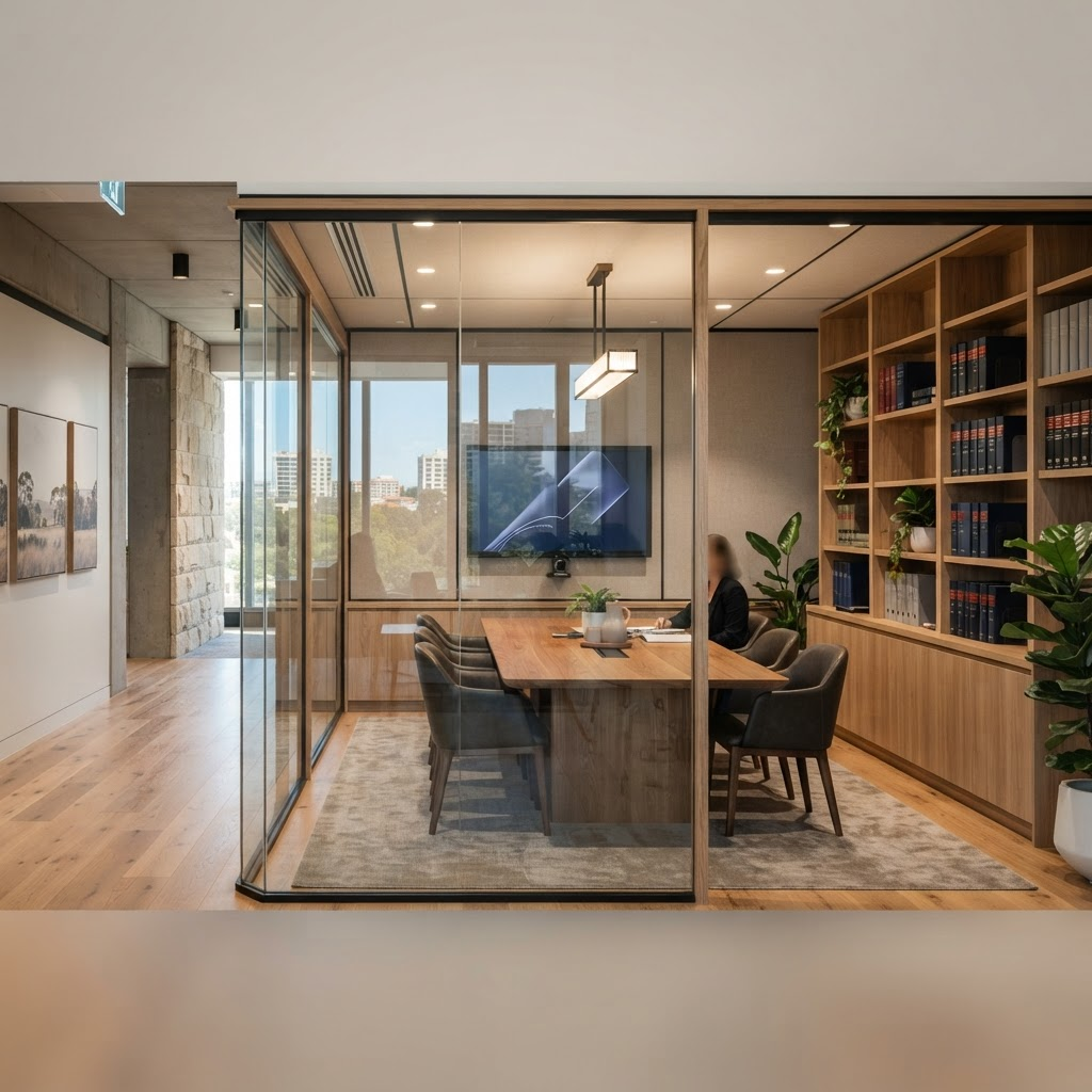 Modern Australian law firm interior with glass meeting room
